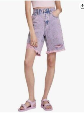 Wild Fable High Rise Bermuda Denim Jean Shorts Raw Hem Pink Acid Wash 6 28 NEW